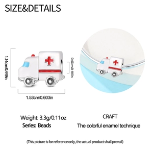 Detailed view of silver ambulance charm with red enamel cross for DIY bracelets