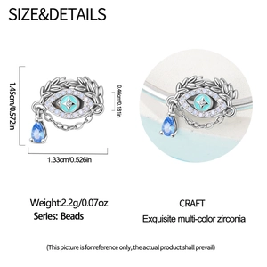 Detailed view of silver Evil Eye bead charm with dimensions and turquoise enamel accents