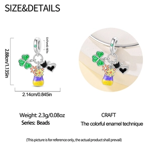 Macro detail of colorful enamel charms featuring clover and cat for DIY bracelets