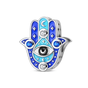 Silver Hamsa Hand charm with blue enamel evil eye and sparkling zircon for DIY bracelets