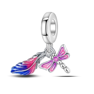 Detail of silver feather charm with blue-pink enamel gradient and purple dragonfly pendant