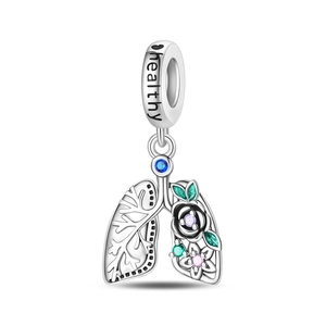 Detailed silver lung bead charm with colorful flowers and healthy engraving for bracelets