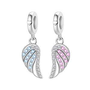 Silver angel wings charm with blue and pink cubic zirconia for DIY bracelets