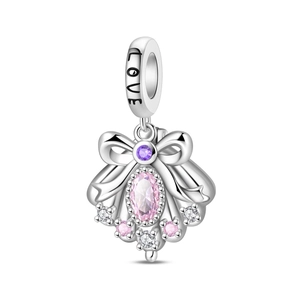 Detail of S925 silver charm with pink gemstone, bow design and LOVE engraving