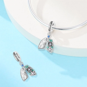 Silver lung charm with colorful floral crystals and healthy engraving for DIY bracelets