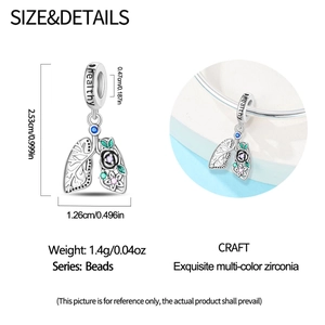 Detailed lung charm bead in silver with colorful zircon flowers and Healthy engraving