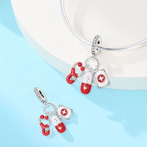 Silver plated medical charms with stethoscope capsule and ambulance box for DIY bracelets