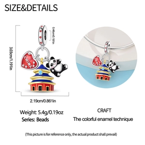 Macro view of panda and China heart enamel charms for bracelet with size measurements