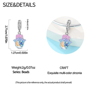 Detailed Hamsa charm dimensions and close-up view with colorful enamel and zircon inlay