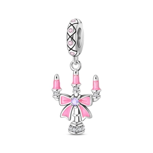 Detailed view of silver three-arm candelabra charm with pink enamel and zircons