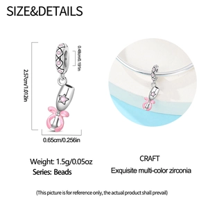 Silver wine glass charm bead with pink star zircon and enamel bow for DIY bracelets