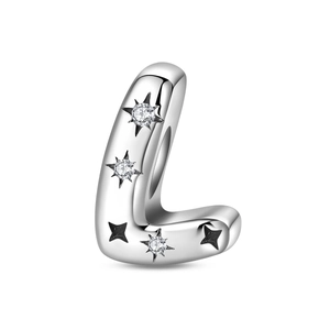 Detailed view of silver letter L bead charm with sparkling zircon star engravings