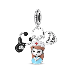 Detail of S925 silver nurse charm with stethoscope and heart-shaped thank you pendant