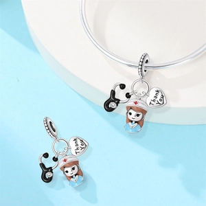 Detail of nurse charm set with Thank You heart and stethoscope on silver bracelet