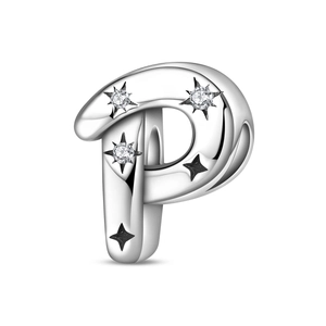 Detailed macro view of letter P charm bead with star engravings and cubic zirconia stones