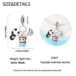 Detailed size chart of nurse-themed silver charm with heart, stethoscope, and enamel nurse