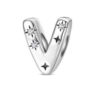 Close-up of silver letter V charm with zircon stars and black enamel detailing