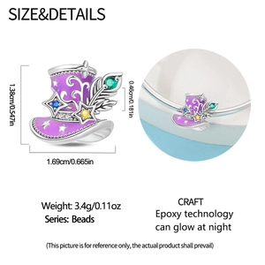 Leuchtende lila Zauberhut-Perle mit Sternen und Maßen für DIY-Schmuckarmbänder