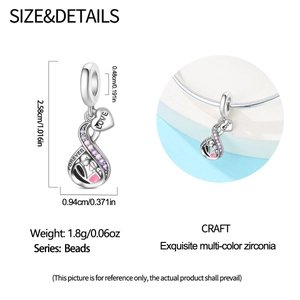 Detailed size specifications of silver infinity heart charm with purple stones