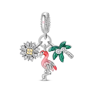 Silver flamingo sunflower and palm tree pendant charm with colorful enamel for bracelets