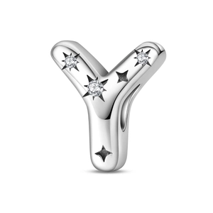 Detailed view of silver letter Y charm with sparkling zircons for charm bracelets