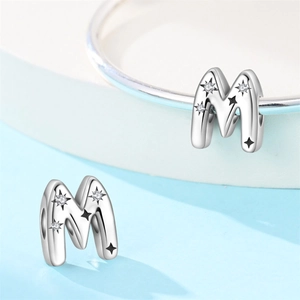 Letter M silver charm bead with star engraving and white cubic zirconia for bracelets