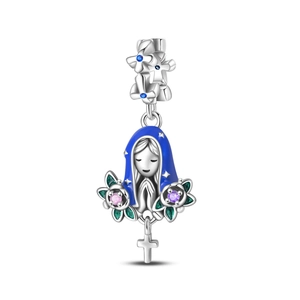 Detailed silver Virgin Mary charm with blue enamel cloak and colorful zircon stones