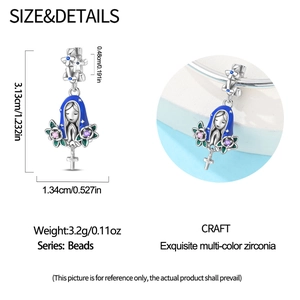 Silver Virgin Mary charm with blue enamel and cross detail showing exact dimensions