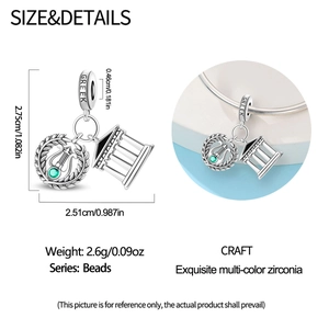 Detailed view of silver Greece charm featuring green zircon and temple with measurements