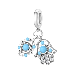 Silver Evil Eye and Hand of Fatima charm with blue beads and zircon for DIY bracelets