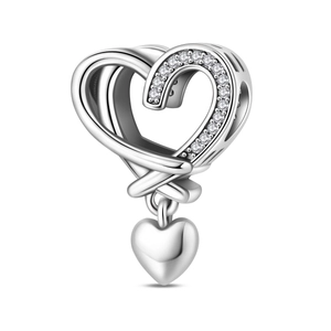 Detailed silver double heart charm with sparkling cubic zirconia for DIY bracelets