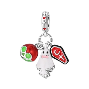 Halloween zilveren bedel met spook, gifappel en doodskist voor armbanden