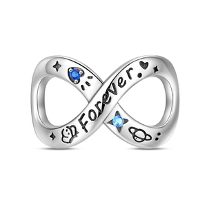 Detailed view of silver infinity charm with Forever engraving and blue gemstones