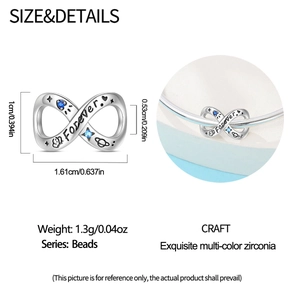 Detailed view of silver infinity charm with Forever engraving and blue cubic zirconia