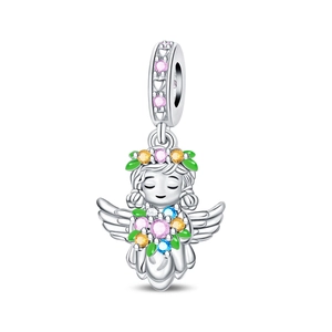 Detailed view of silver angel charm with colorful gemstones and floral wreath crown