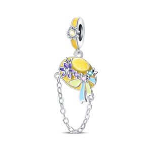 Detail of silver sun hat charm with colorful enamel flowers and shimmering zircon accents