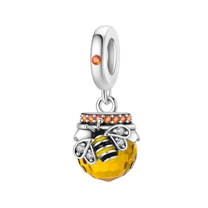 S925 Silber Biene und Honigtopf Anhänger mit gelbem Kristall und orangen Zirkonia-Akzenten