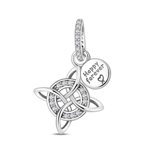 Detail of silver Celtic knot charm with zircon inlay and Happy Forever engraving