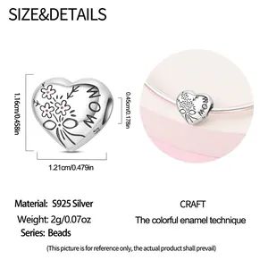 Detailed size chart for S925 silver MOM heart charm with colorful enamel flowers