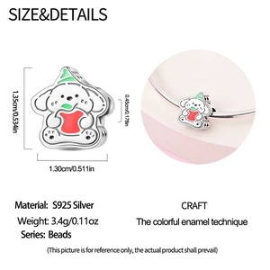 Vista dettagliata del charm cane in smalto e argento S925 con misure del prodotto