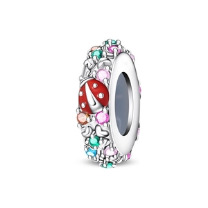 Detailed silver bead charm with red ladybug and multi-colored gemstones for DIY bracelet