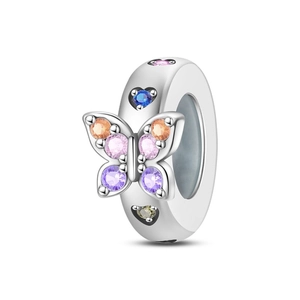 Close-up of silver butterfly charm with multicolored cubic zirconia and heart details