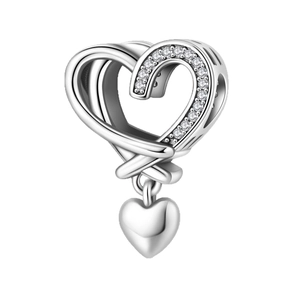 Silver double heart charm with sparkling cubic zirconia for DIY jewelry bracelets