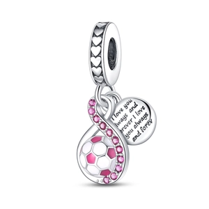 Abalorio de fútbol plata S925 con símbolo infinito de circón rosa y corazón