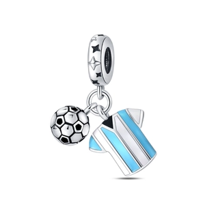 Macro detail of S925 silver football and blue striped jersey charm for sports bracelets