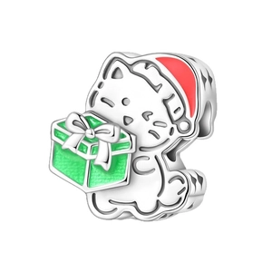 Charm gatto di Natale con cappello rosso e regalo verde in rame placcato argento