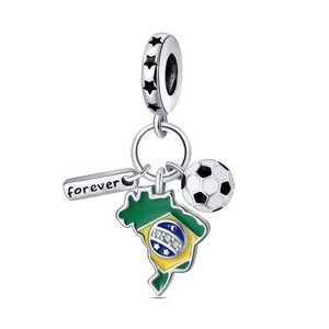 Detail of silver soccer charm with Brazil map and forever tag for DIY bracelets