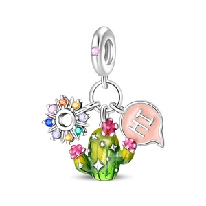 Detail of silver cactus sunflower and HI pendant charm with colorful enamel and cubic zirconia