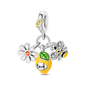 Silver charm dangle with daisy lemon and bee elements for personalized charm bracelets
