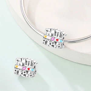 Silver Family Forever charm bead with colorful hearts and pink gemstone for bracelets